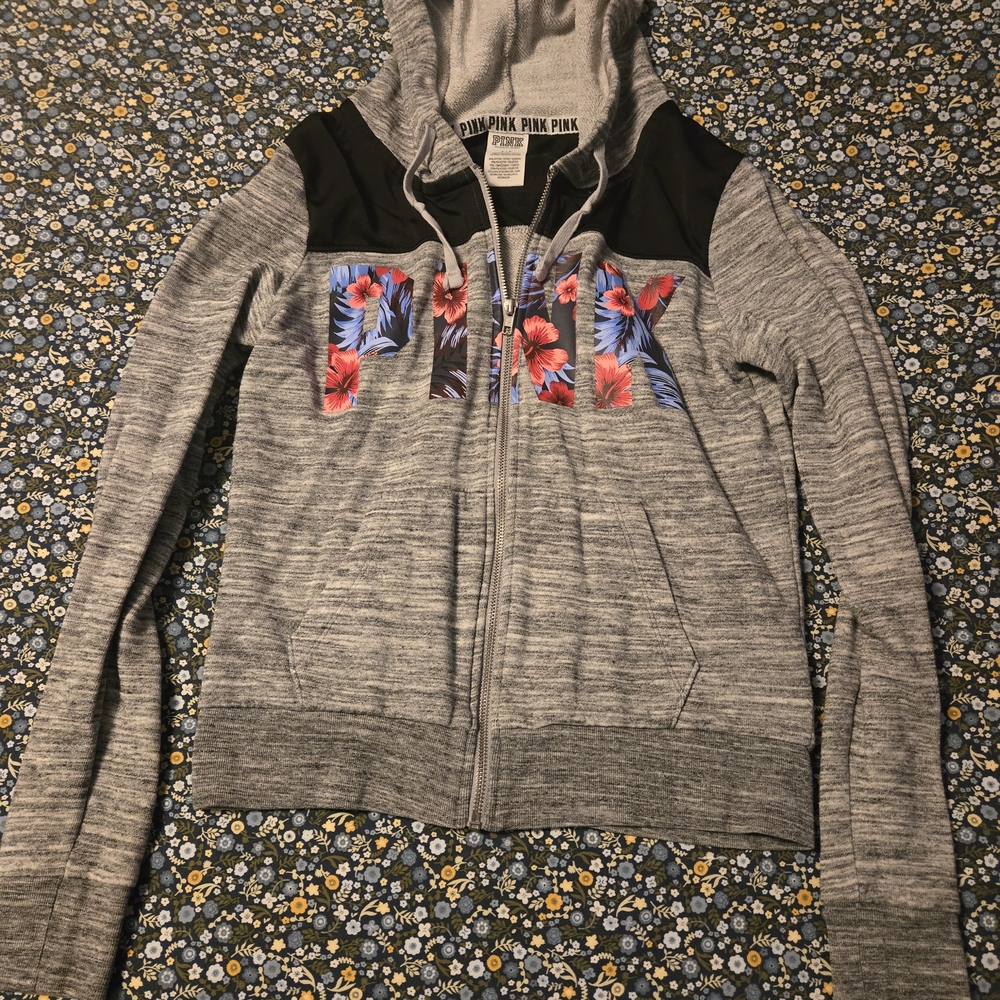 Victoria's Secret Gray Hoodie with Floral Pink Logo